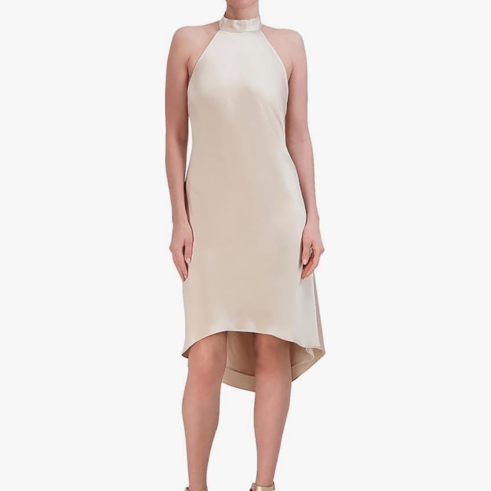 BCBGMAXAZRIA Women's Chain Halter Neck Midi Cocktail Dress, Champagne 4
